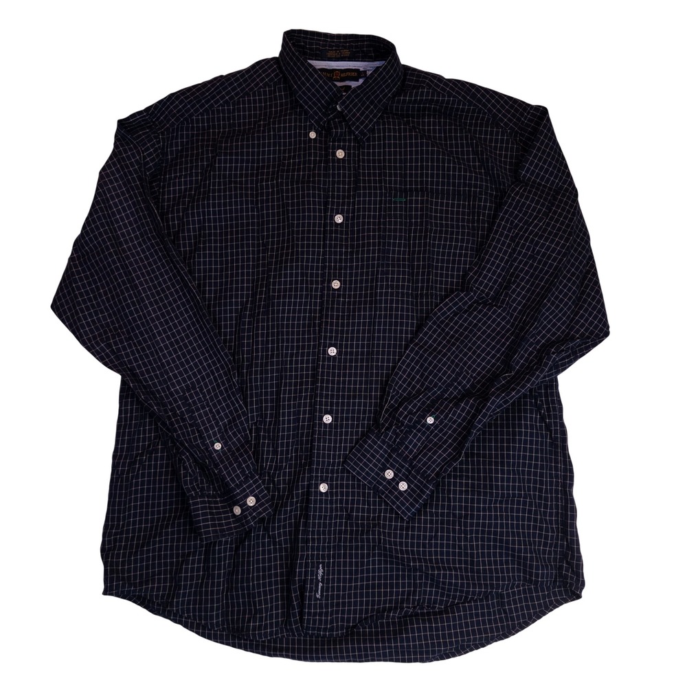 Tommy Hilfiger Button Down Shirt Mens Large Navy Blue Excellent Grid Check Golf